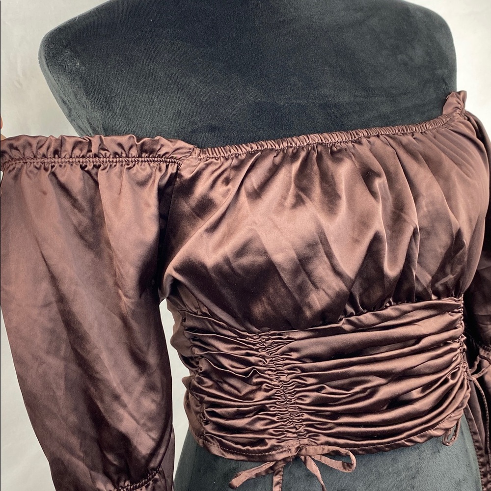 Crave Fame Chocolate Brown Satin Off-Shoulder Smocked & Ruched Peasant Top